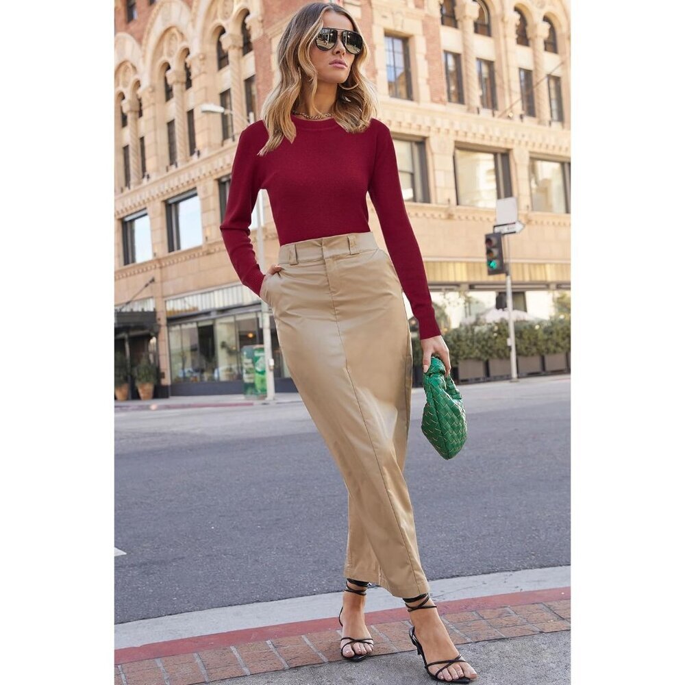 Women's A-Red Wool Blend Classic Crew Neck Casual Fall Winter Sweaters Shirt - Picture 5 of 7